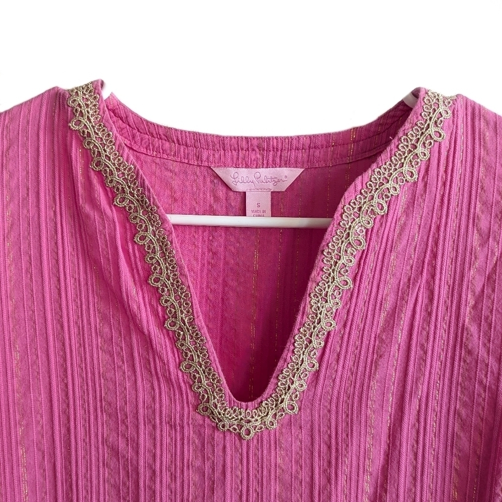 LILLY PULITZER Esme Lurex Crinkle Gold Stripe Pink Tunic Dress - Picture 5 of 7